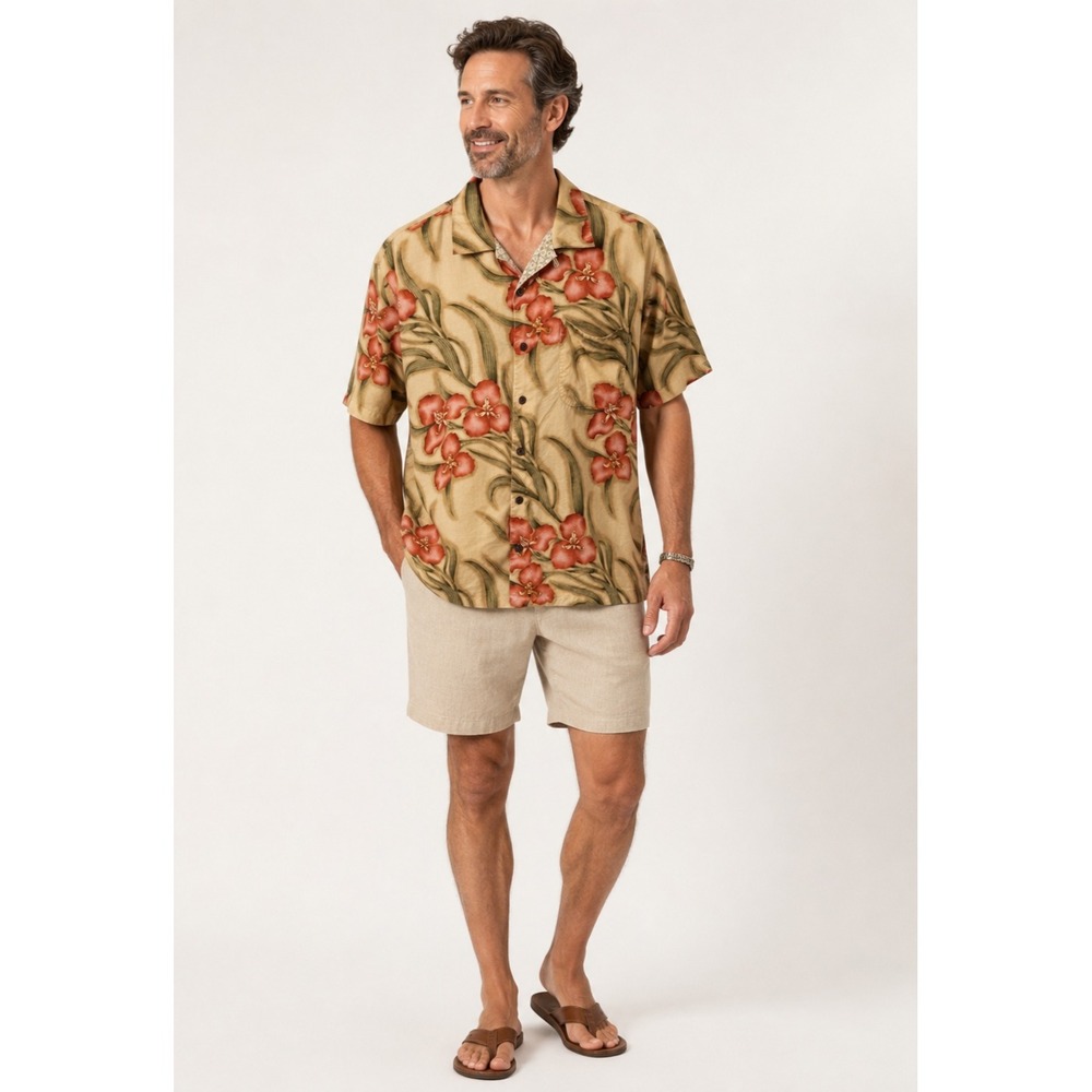 Tommy‎ Bahama Button Front Shirt Mens XL Yellow Orange Silk Flower Print